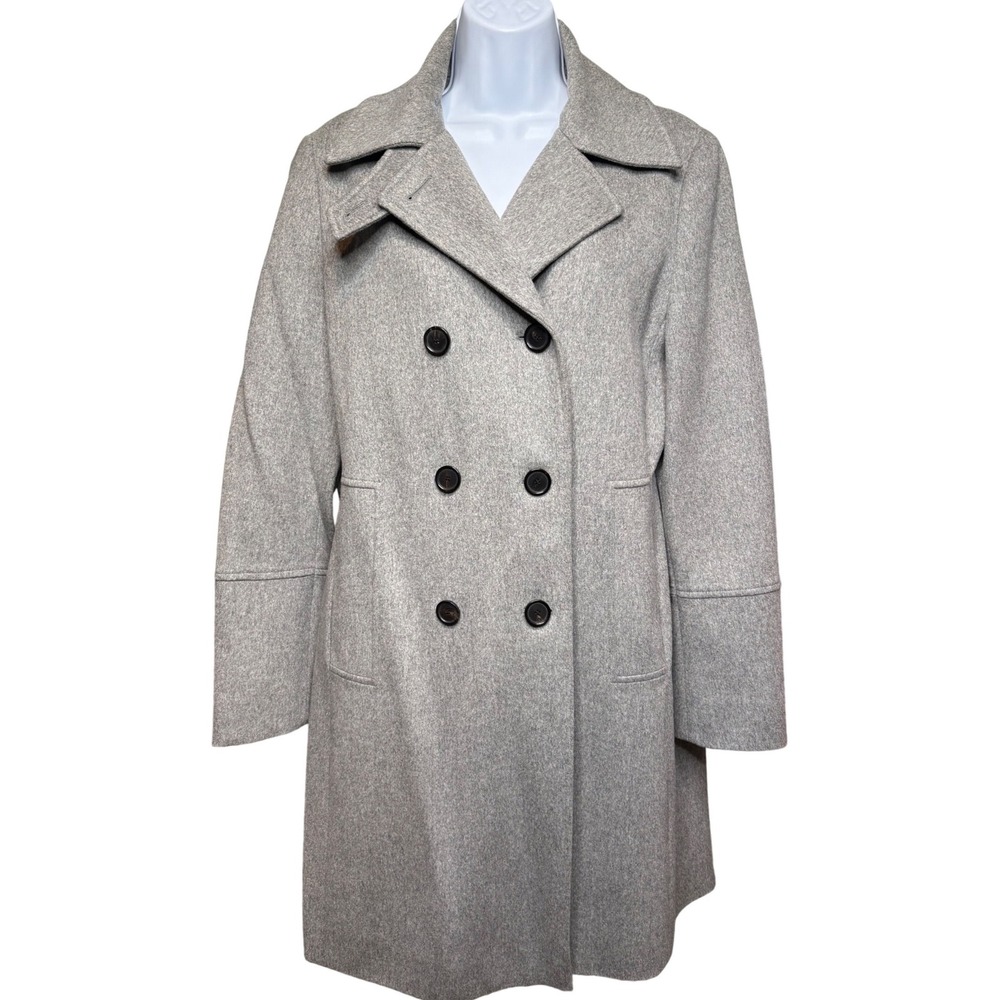 AKRIS PUNTO Womens Gray 100% Wool Double Breasted Pea Coat 10 Old Money Designer
